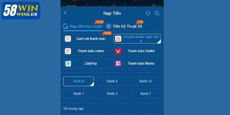 Nạp Tiền 58WIN - Hướng Dẫn nạp tiền chi tiết cho tân thủ 03 phương thức nạp tiền nhanh chóng và an toàn tại 58WIN.